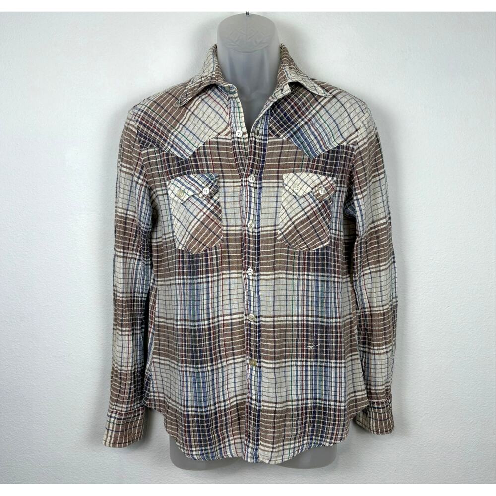 Vintage 70s GAP Plaid Sawtooth Flap Pockets Gauzy Hippie Western Cowboy Shirt S